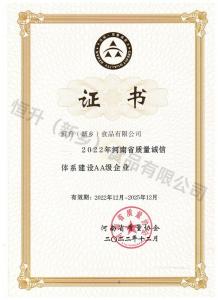 河南省质量诚信体系建设AA企业证书 (中文)
