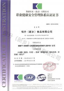 职业健康安全管理体系认证证书